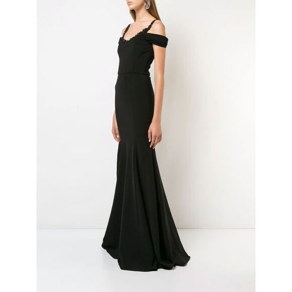 New! MARCHESA NOTTE Women's Beaded Neckline Cold-Shoulder Black Gown Dress 14 - Picture 2 of 13